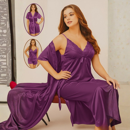Luxury 4-Piece Silk Nightwear Set – Nightgown, Slip & Satin Robe Combo