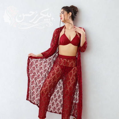 Luxury Lace 4-Piece Nightwear Set with Sheer Long Gown