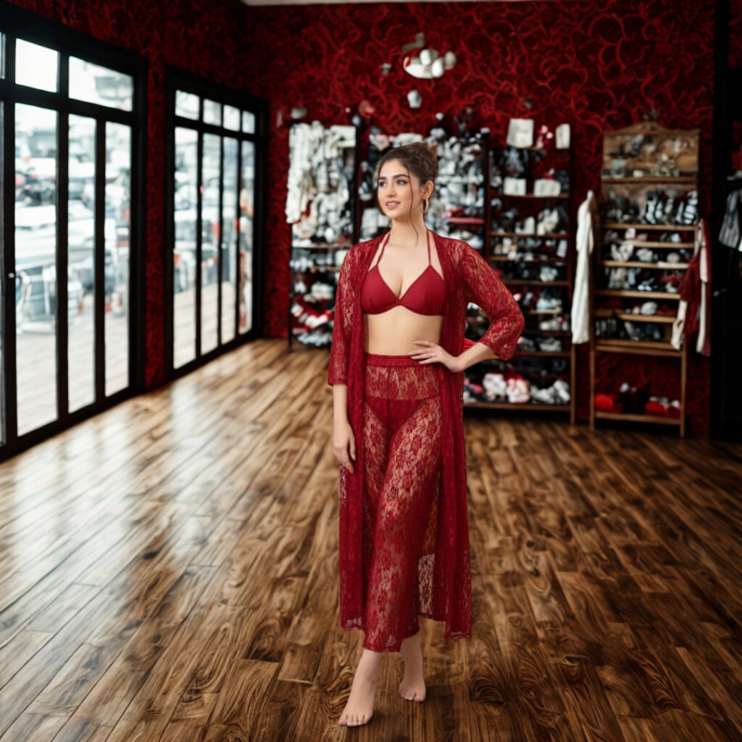 Luxury Lace 4-Piece Nightwear Set with Sheer Long Gown